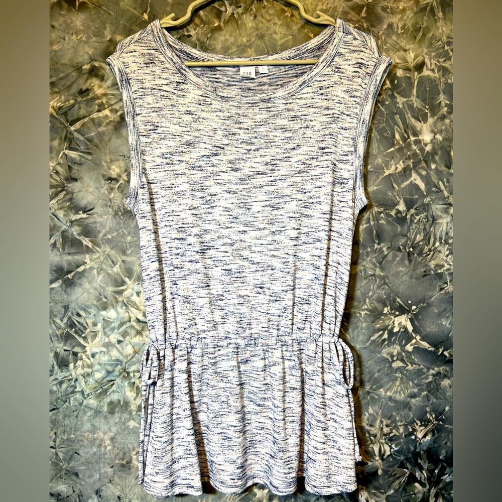 GAP heathered white & blue tank stretchy adjustable peplum burnout top S Tall